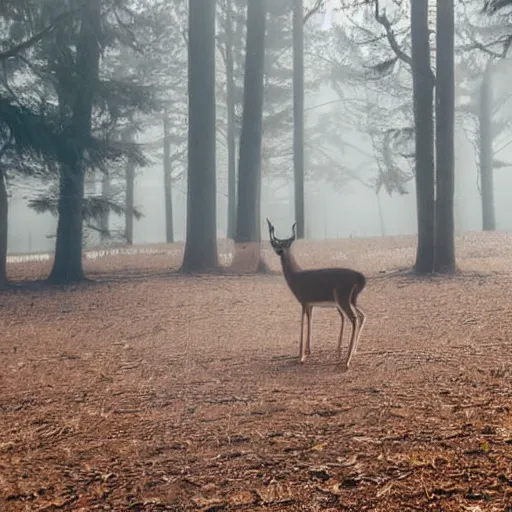 Image similar to a close up of a white - eyed deer, background of a landscape misty forest scene, the sun glistening through the trees