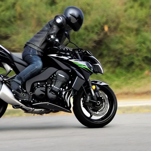 Image similar to photo of black kawasaki z1000 model 2009. Flaming wheels. Wheelie viewpoint