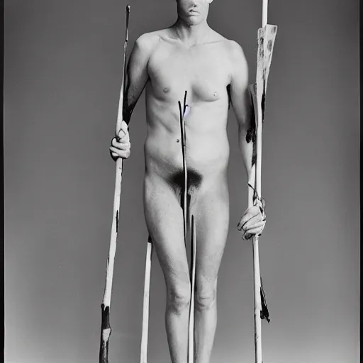 Prompt: a man with sticks protruding from their skin, large format film photograph by richard avedon
