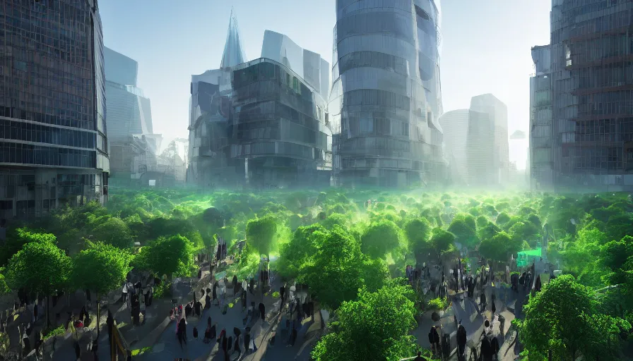 Image similar to futuristic crowded green square in london, sunny day, volumetric light, roger madrini, hyperdetailed, artstation, cgsociety, 8 k