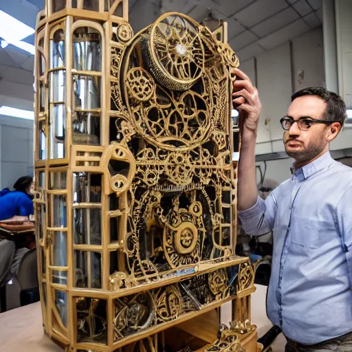 Prompt: a random pointlessly elaborate intricate contraption pneumatic machine with no apparent purpose, being operated by a scholarly looking man with a clear directed gaze, xf iq 4, f / 5. 4, iso 2 0 0, 1 / 1 6 0 s, 8 k, raw, unedited, symmetrical balance, in - frame