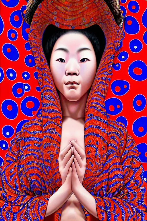 Image similar to realistic detailed image of a geisha in a robe laying down in a padded room, conjuring psychedelic background, part by yayoi kusama, part by alex gray, part by ross tran, part by james jean, ultra realistic, highly detailed, detailed face, detailed hands, detailed body, 8 k, trending on artstation, very cohesive, masterpiece