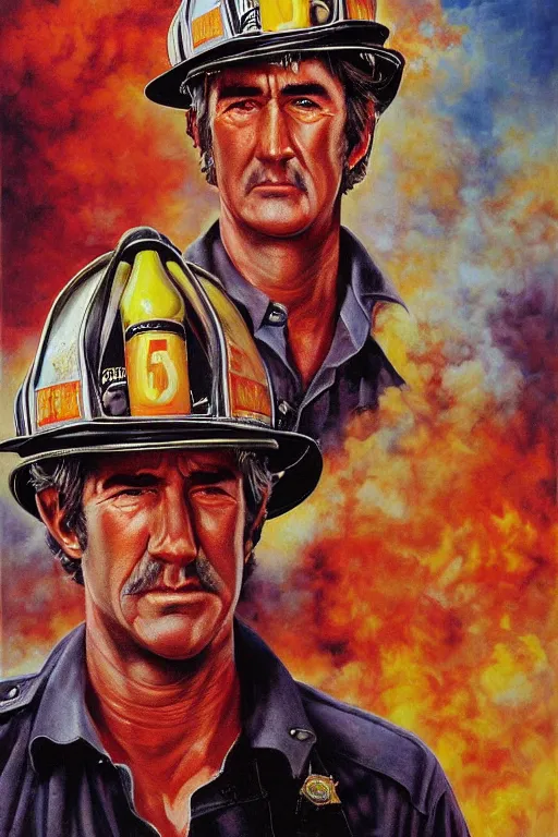 Prompt: hyper realistic painting of randy mantooth as a fire fighter by chuck close and richard corben, vivid colours, highly detailed, dramatic lighting, exotropia eyes