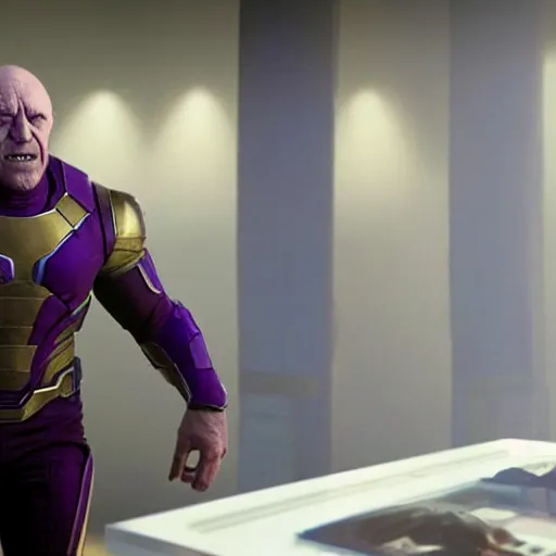 Image similar to Jonathan Banks as Thanos, HD promotional screenshot from new Avengers film, 8k ultra realistic, Marvel animation