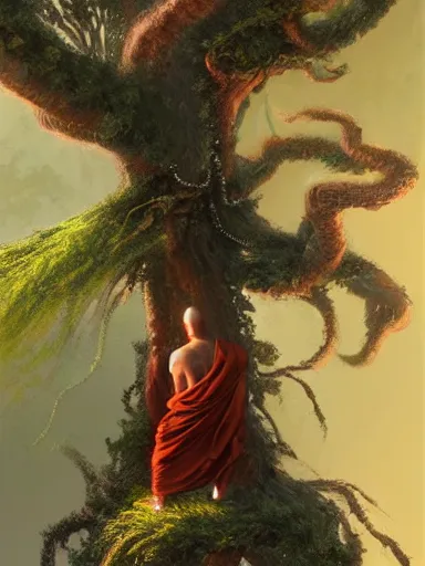 Image similar to a monk, hanging upside down from a tree, enlightenment, shiny head. intricate, elegant, highly detailed, digital painting, artstation, concept art, sharp focus, illustration, by justin gerard and artgerm, 8 k