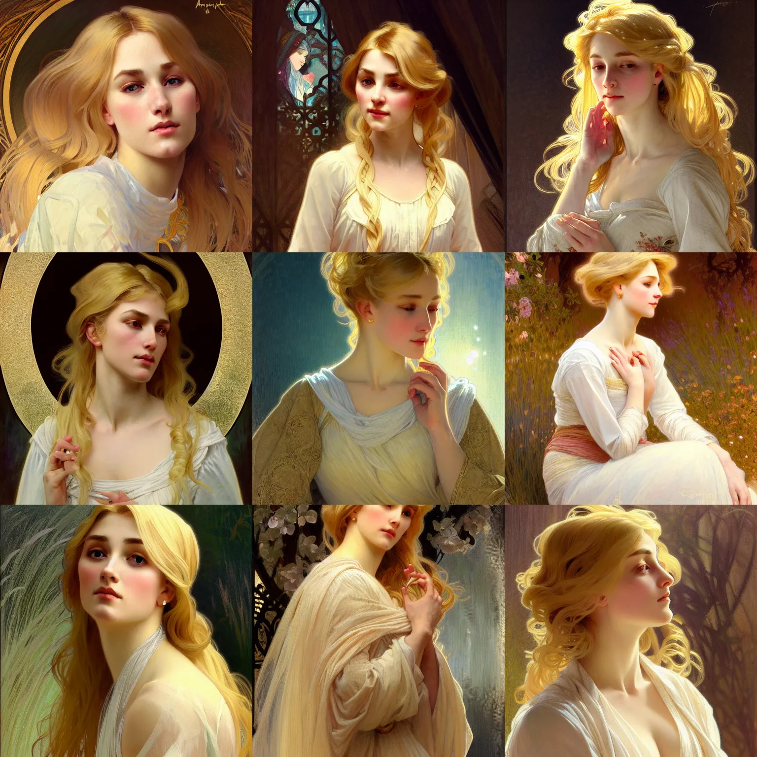 Image similar to painted portrait of a modest wife blessed by god with ever - increasing intelligence beauty and virtue. blonde, clothed holy body, light effect. feminine, powerful, in clothes! intricate, elegant, highly detailed, digital painting, artstation, concept art, smooth, sharp focus, illustration, art by gaston bussiere and alphonse mucha