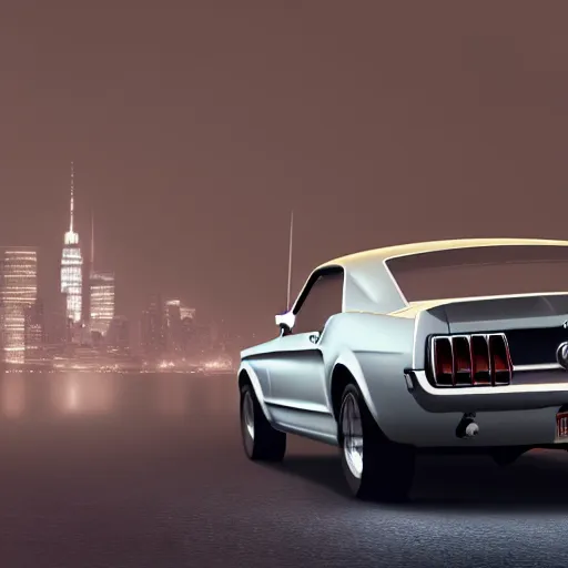 Prompt: 1 9 6 8 ford mustang at night view of new york in heavy mist, highly detailed, artstation, concept art