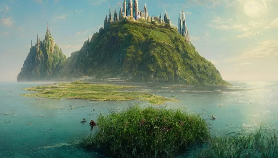 Prompt: a beautiful painting looking across a crystal clear sea at the emerald city from wizard of oz, by greg rutkowski and kalin popov, trending on artstation, masterpiece,