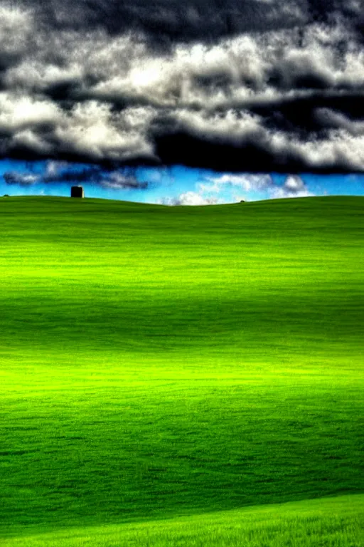 Image similar to windows xp hills screensaver with a graveyard in front, gloomy