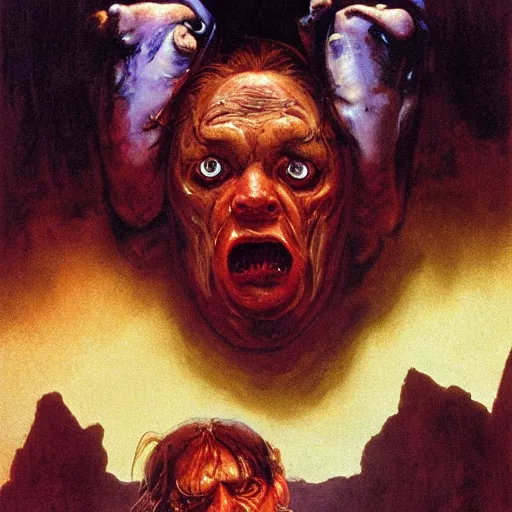 Image similar to big eyes wide open, horrific sentient meatloaf, holding meatloaf, sloppy, gross, meatloaf, hyper realistic, terrifying, disturbing, strange, bizarre, masterpiece, 4 k, vivid colors, elegant, highly detailed, john park, frazetta, john howe, ruan jia, jeffrey catherine jones