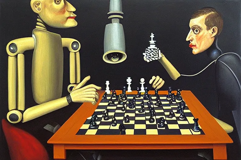 Image similar to portrait of a robot playing chess, highly detailed, painting by otto dix, 8 k