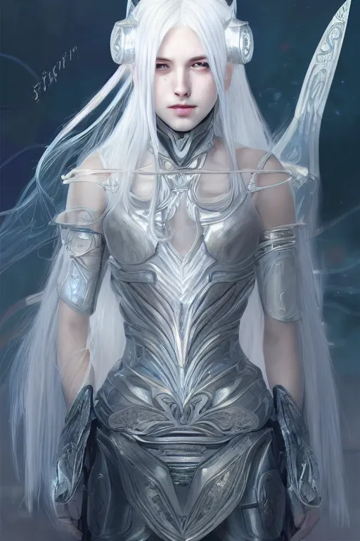 Image similar to portrait white hair knights of zodiac girl, sliver ice color reflected armor, in ruined agora of athens sunrise, ssci - fi and fantasy, intricate and very very beautiful and elegant, highly detailed, digital painting, artstation, concept art, smooth and sharp focus, illustration, art by tian zi and wlop and alphonse mucha