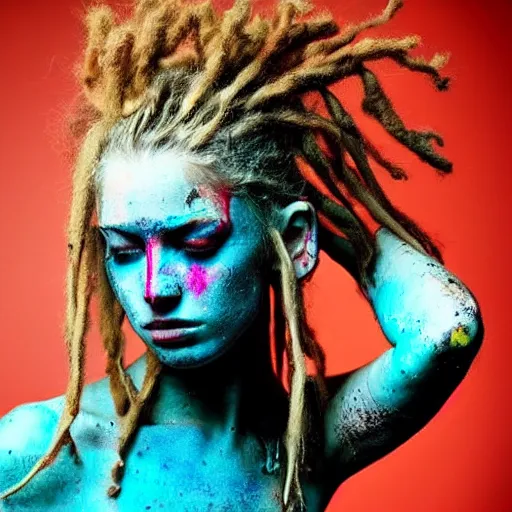 Image similar to astonishingly beautiful woman in tattered clothes revealing body, blonde dreadlocks, make up, vivid colors