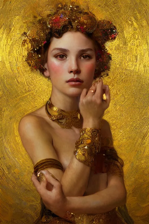 Image similar to an intricate artistic pose painting of a beautiful young girl with an artistic pose with klimt golden motives and textures, hyper detailed, ornamental gold headpiece, octane render, vivid colors, artstation, by jeremy mann, by alphonse mucha, by boris vallejo