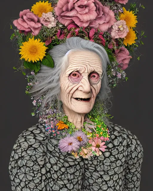 Prompt: a portrait of a fleshy old woman with a sly smile, covered in flowers in the style of guiseppe arcimboldo and james jean, covered in wispy gray hair with a hint of neon, hd 3 d, 8 k