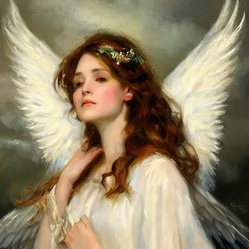 Image similar to a beautiful portrait of an angel with pretty face and her huge white wings spread out painted by gerhartz, highly detailed, beautiful illumination, graceful and elegant,.