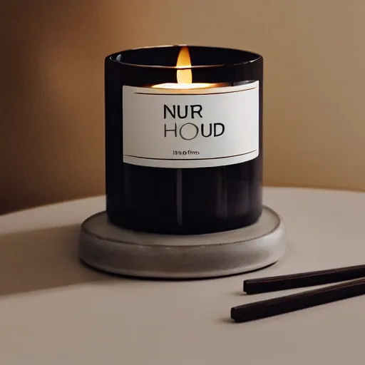 Image similar to nuhr home oud candle in the style of high quality marketing material from Apple or Google