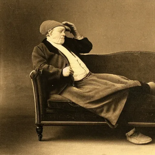 Prompt: a middle - aged man on a sofa, wearing a victorian sleeping cap, looking drowsy