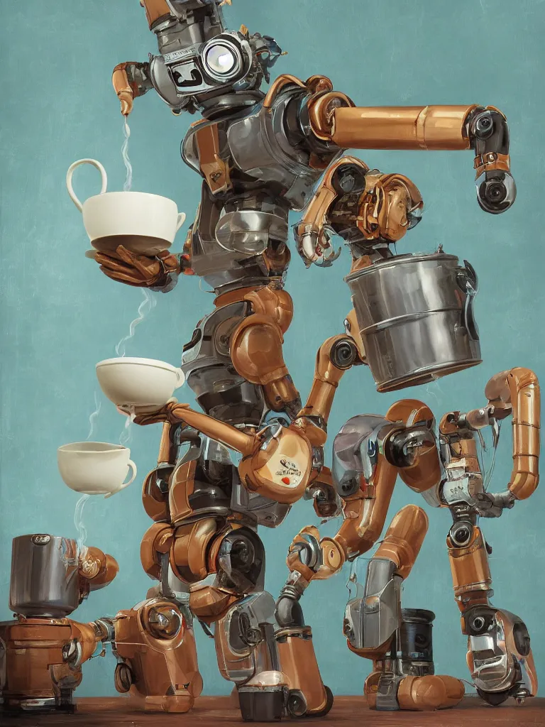 Prompt: half-length portrait of my friendly empatic robot offering a fresh cup of hot coffee to my friends, small sharp focus on coffee cup, by Simon Stalenhaag, by Yoshita Amano, by Esao Andrews, deviantart, 4K