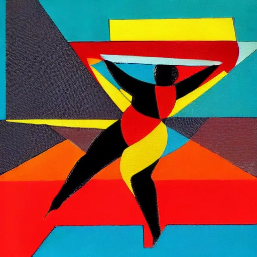 Prompt: beautiful sunset, fat woman dancing, cubism, red, yellow, orange, muted colors, geometric, texture