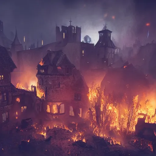 Prompt: medieval village burning down from meteor debris, award winning, trending on artstation, unreal engine, fantasy art, octane render, hyperrealistic