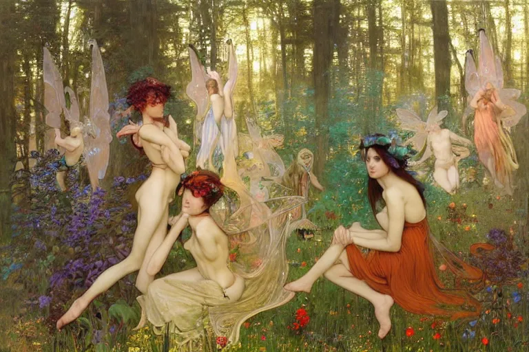 Image similar to dance of fairies around a fire in a forest at night, glowing, painting, muted colors, magical, by peter mohrbacher, by james gurney, by klimt, by alphonse mucha, by john william waterhouse