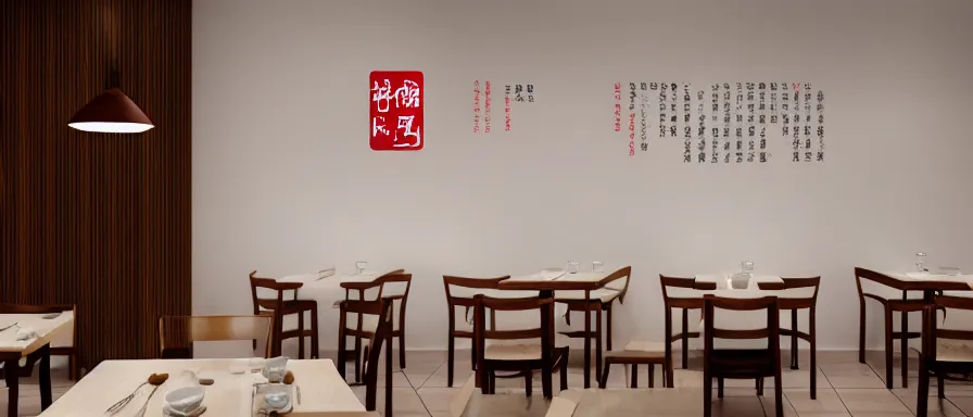 Prompt: a beautiful simple interior render of small roasted string hotpot restaurant restaurant yan'an, wall corner, from china, red paper wall and white tile floor, rectangle white porcelain table, fine simple delicate structure, chinese style, simple composition, simple style structure decoration design, victo ngai, 4 k hd
