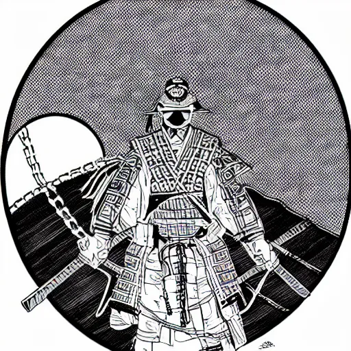 Image similar to samurai under wrapped in chains under a full moon ,ink art In the style of Moebius drawing