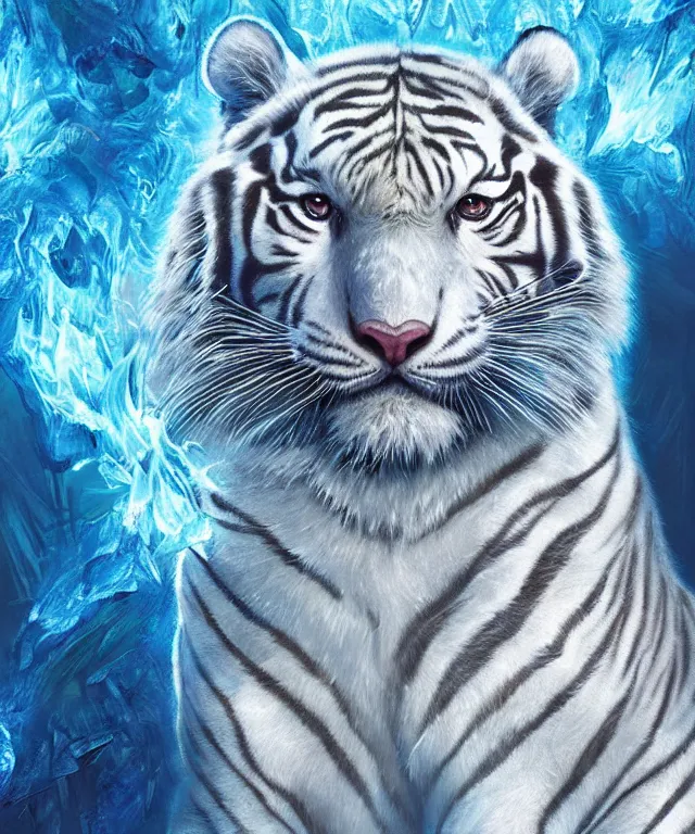 Prompt: a ultradetailed painting of a white tiger made of intricate ice crystals, surrounded with blue flames, volumetric lighting, crystalline, snowflakes, ornate, Greg rutkowski, Karol Bak.