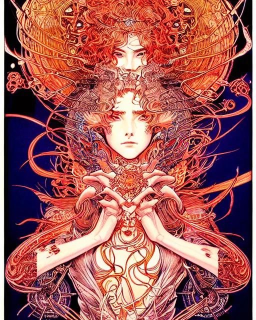 Image similar to hyper detailed illustration of the goddess of fire, intricate linework, lighting poster by moebius, ayami kojima, 90's anime, retro fantasy