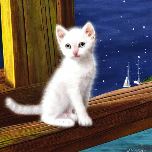 Prompt: a small white kitten at the wharf in San Francisco, fantasy illustration,