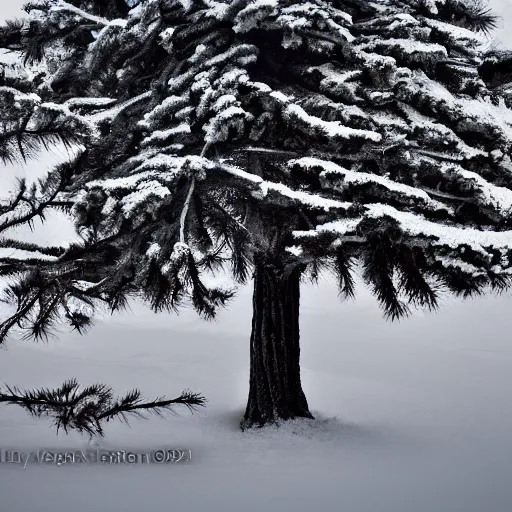 Prompt: artistic pine tree on a winter day