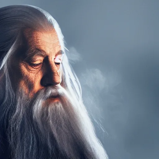 Image similar to portrait of gandalf, eyes closed, covered in smoke, 4 k