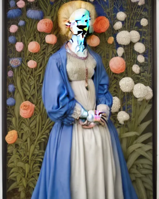 Prompt: portrait of a woman with albinism, wearing a plastic blue dress, standing in a room full of plants and flowers, white background, intricate details, high detail, in the style of rogier van der weyden and jacopo da pontormo, by mark ryden, punk, asian art,
