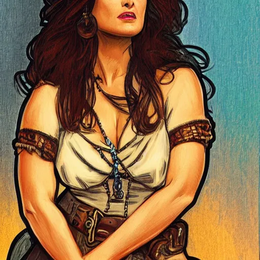 Image similar to salma hayek in wild wild west, portrait, mucha style