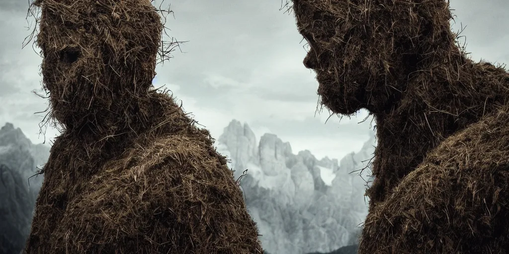 Prompt: alpine farmer transforming into hay monsters ,roots and hay coat, dolomites in background, dark, eerie, despair, portrait photography, artstation, highly detailed, sharp focus, by cronneberg