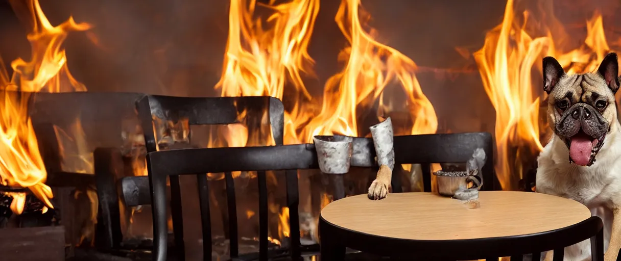 Image similar to a photograph (flash on) of a single anthropomorphic dog sitting on a chair at a dinner table (no fire at all there), very relaxed, surrounded by flames, cup of coffee on the table, huge fire on this dining room in the background, a lot of flames behind the dog, black smoke instead of the ceiling, no watermark