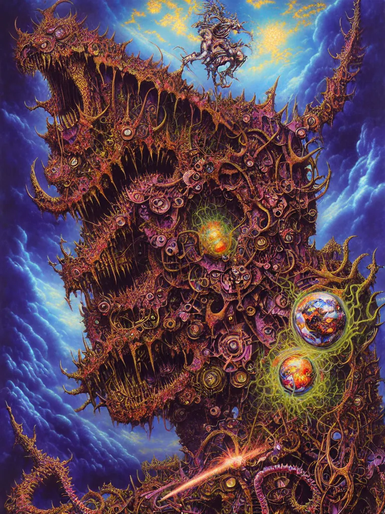 Prompt: realistic detailed image of Wrathful Technological Nightmare Abomination Monster God by Lisa Frank, Thomas Kinkade, Ayami Kojima, Amano, Karol Bak, Greg Hildebrandt, and Mark Brooks, Neo-Gothic, gothic, rich deep colors. Beksinski painting, part by Adrian Ghenie and Gerhard Richter. art by Takato Yamamoto. masterpiece