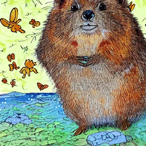 Prompt: detailed illustration, a happy quokka on rotttnest island in the style of may gibbs, layered composition, layers, texture, textured, layered, sculpted, dynamic, 🦋,