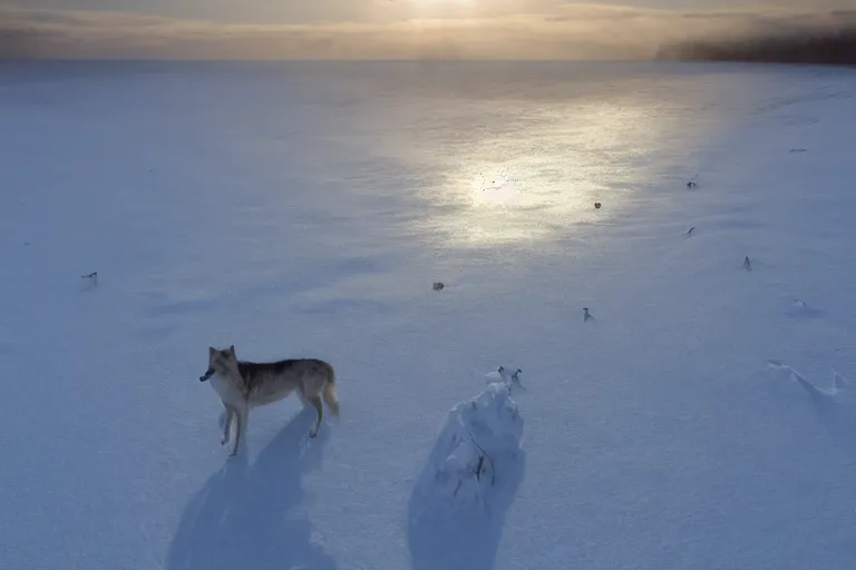 Image similar to taking from above, snow - covered beach, and lots of wolves there. high detail, photorealistic, good lighting, unbelievable.