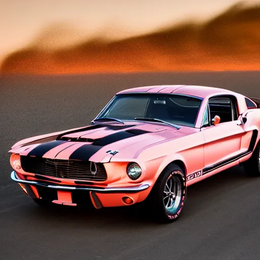 Image similar to long shot of 1967 Ford mustang Shelby GT500 in pink color at sunset in front a beach, 8k, amazing reflection of the sun on the car, UHD Photography