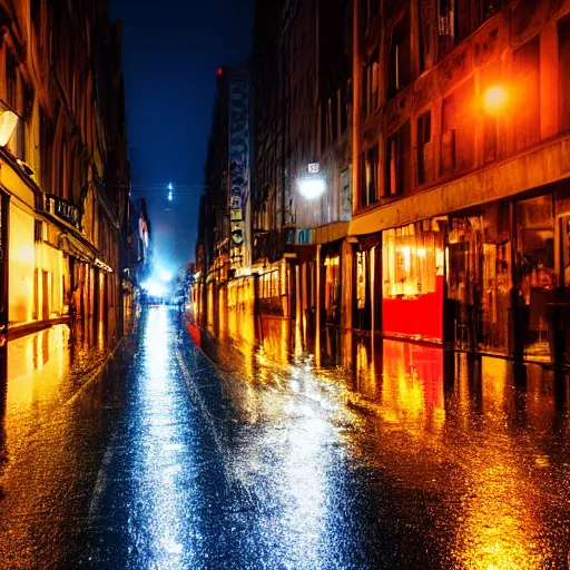 Image similar to a city street at night, raining, photograph