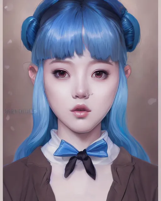 Image similar to symmetrical portrait of a pretty korean girl with blue hair dressed as a french maid digital painting, 8 k, concept art, art by wlop, artgerm, greg rutkowski and alphonse mucha