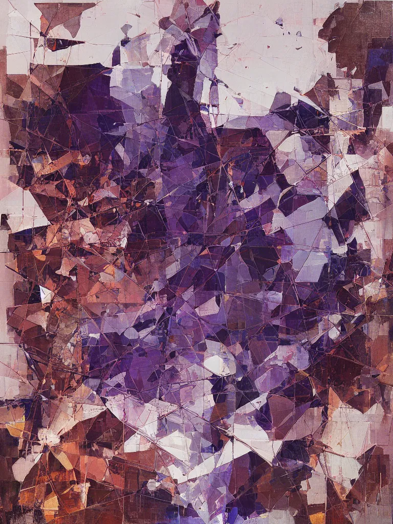 Image similar to a beautiful glitched square geometric painting by robert proch and emilio pettoruti of an anatomy study of the human nervous system on top of white rectangle shapes, color bleeding, pixel sorting, copper oxide and rust materials, brushstrokes by jeremy mann, dramatic lighting, pastel purple background