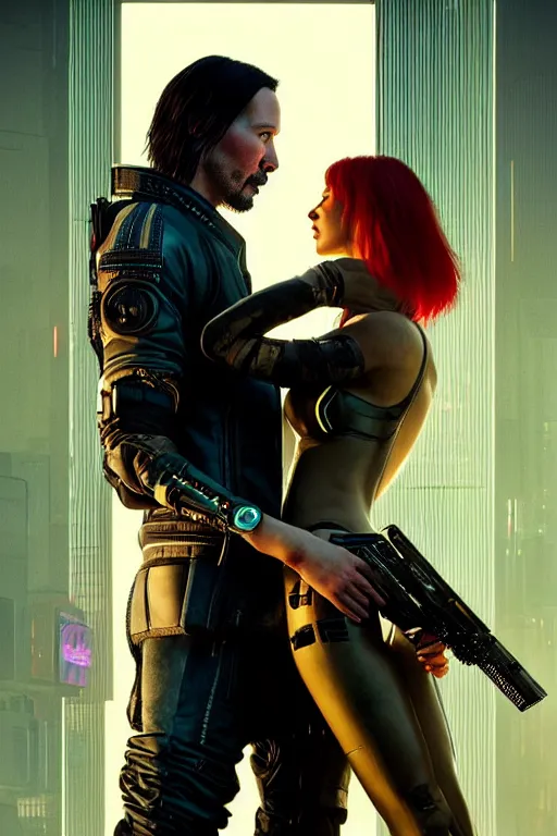 Image similar to a cyberpunk 2077 couple portrait of Keanu Reeves & female android final kiss in the night city,love,art by John Collier & Lawrence Alma-Tadema & Artem Demura & Dan Mumford ,John Wick,Replicas,artstation,deviantart,FAN ART,Digital painting,face enhance,highly detailed,8K,octane,golden ratio,cinematic lighting