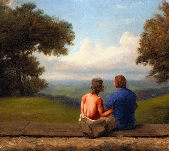 Prompt: landscape portrait of a couple sitting on a roof, looking over west virginia, smoking cigarettes, by william sidney mount, trending on artstation