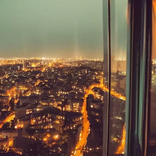 Prompt: looking out the window at night, overlooking the city, sad, alone, melancholy, moody, gloomy, atmospheric, bittersweet, color palette, staring, city lights, bedroom window, balcony