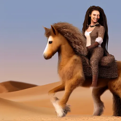 Image similar to Fluffy Maine Coon riding a poney in the desert. Highly realistic. Highly detailed. High resolution. 4k. 8k