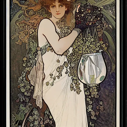 Prompt: an illustration by Alphonse Mucha of a dryad holding a pitcher and a cluster of grapes, Art Nouveau, detailed image