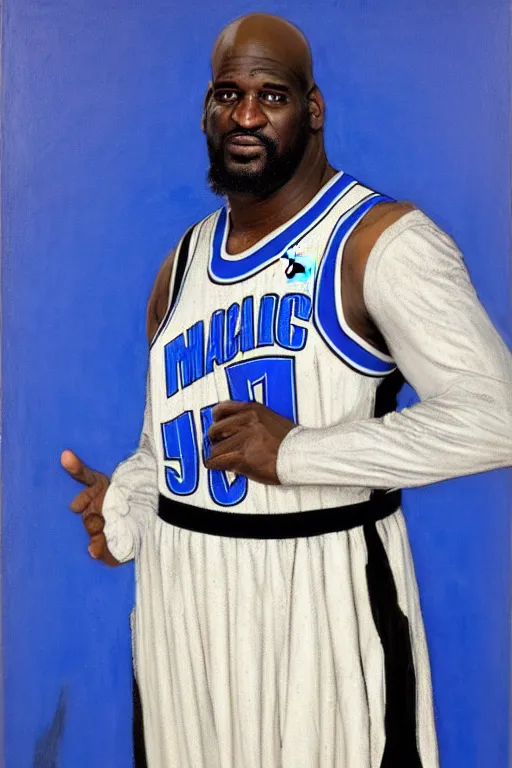 Image similar to full body portrait of shaquille o'neil as the dictator of the orlando magic, 1 8 8 9, in full military garb, magic blue, silver, and black, oil on canvas by william sidney mount, trending on artstation